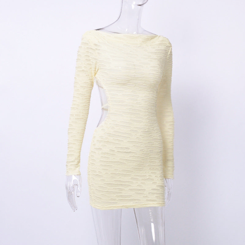 Autumn off the Shoulder Beauty Back Hollow Out Cutout out Tight Sexy Sheath Long Sleeve Texture Dress