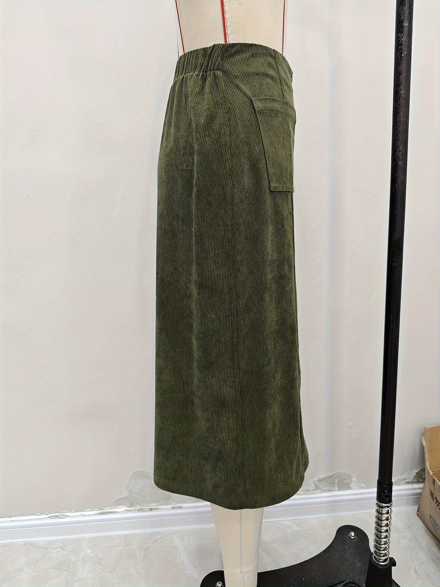 Women Autumn Skirt Casual Office Elastic Waist Breasted Patch Pocket Mock Fly Straight Mid Length Skirt