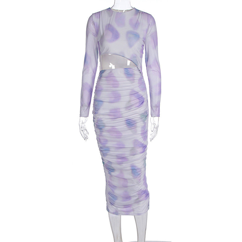 Women Clothing Autumn Winter Personalized Printing Gradient Color Hollow Out Cutout Long Sleeve Dress Women