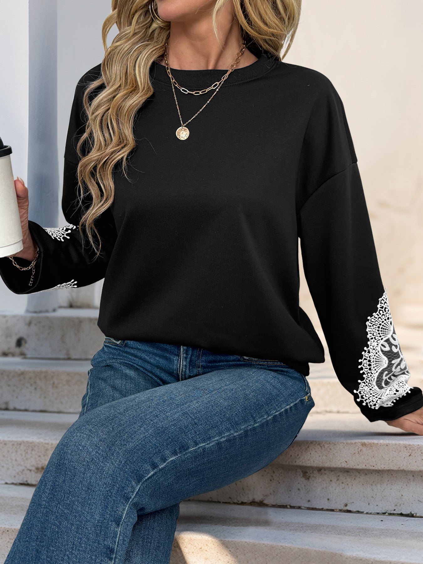 Autumn Pullover Top Women Lace Stitching Casual round Neck Sweatshirts
