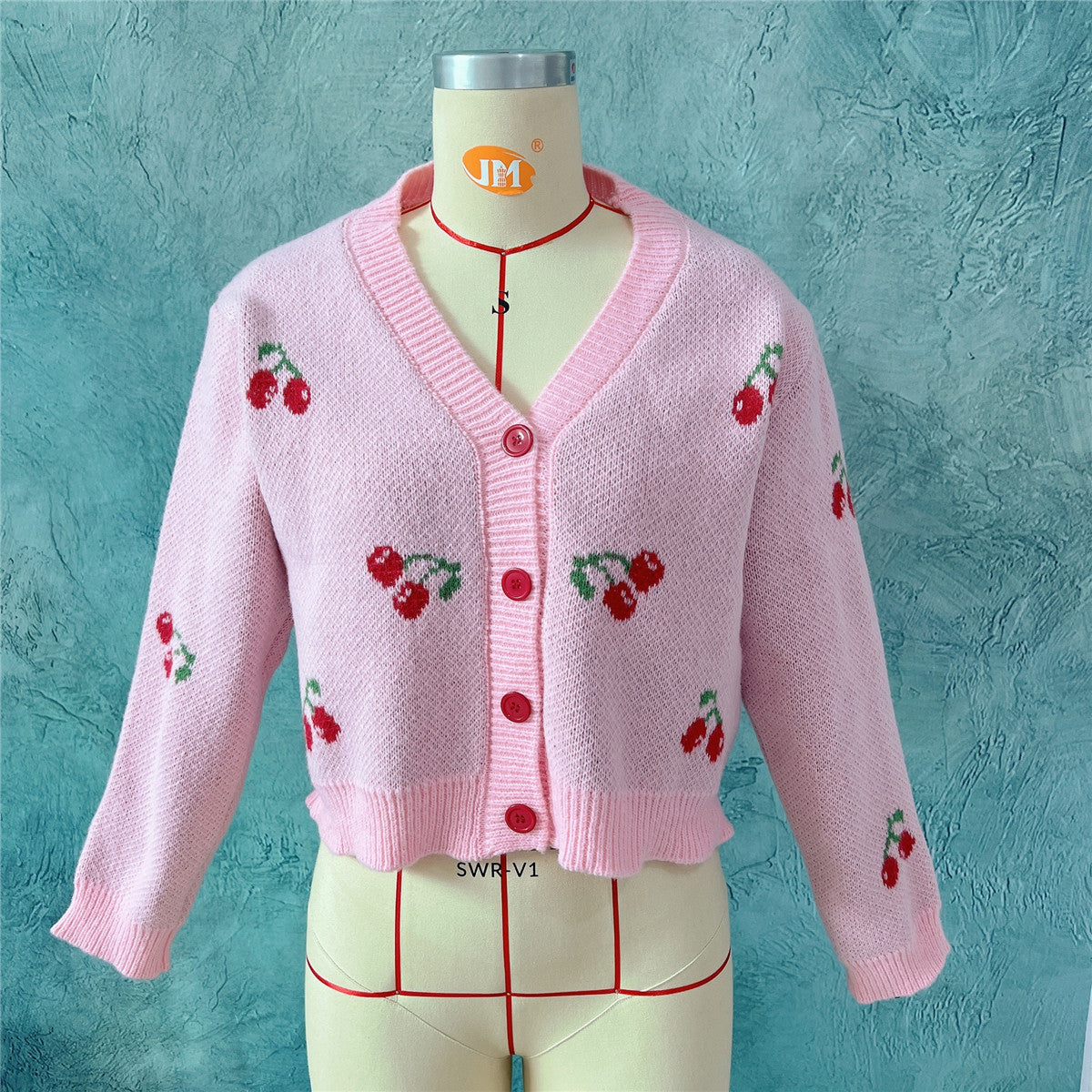 Autumn Winter Small Coat Single-Breasted Long Sleeve Short Sweater Cardigan for Women Sweet Cute Cherry Pattern