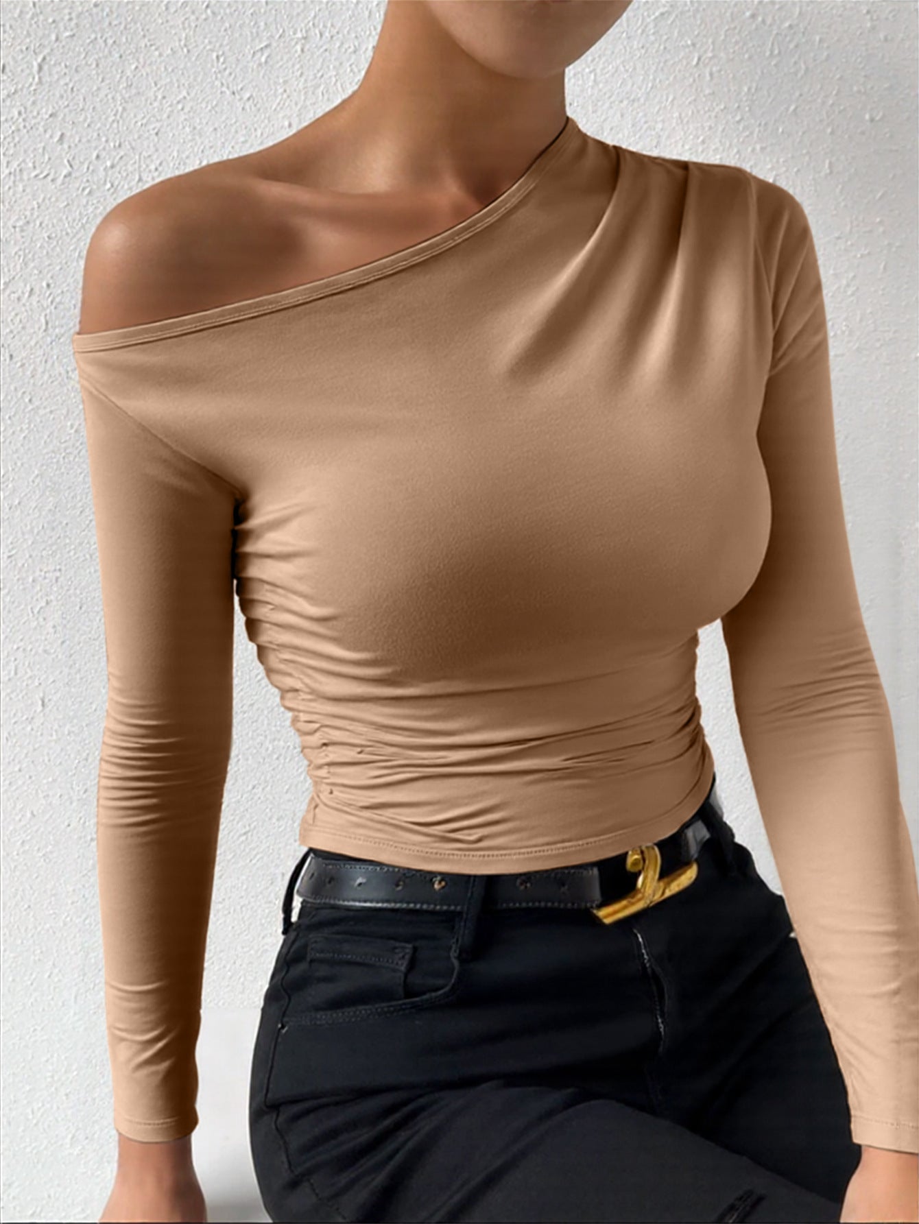 Sexy Oblique Shoulder Collar off the Shoulder Long Sleeve Slim Fit Wild Autumn Arrival T shirt Base