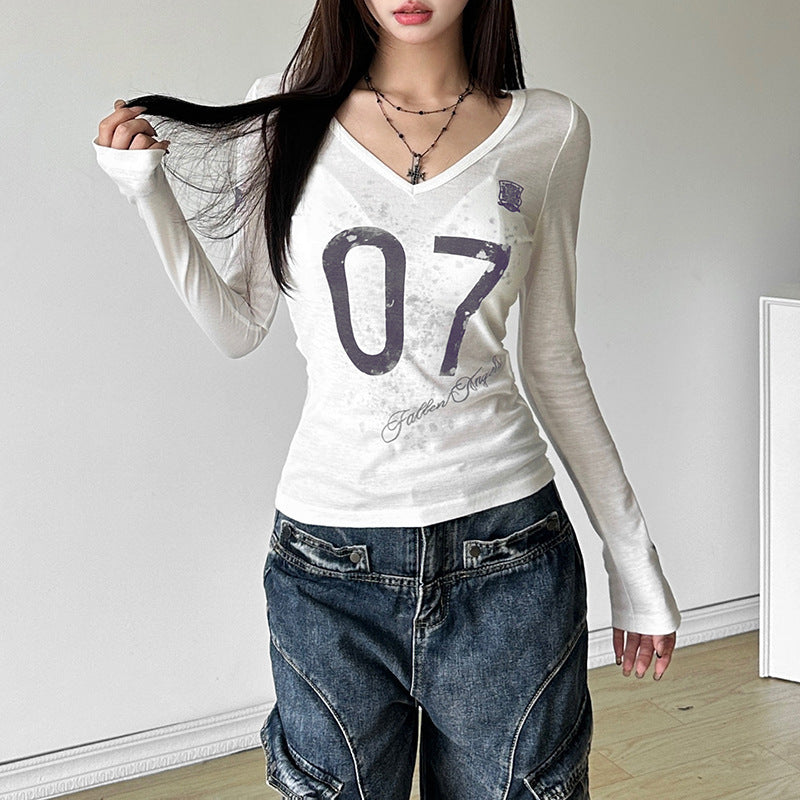 Autumn Sexy See through Slim Fit V neck Printed Long Sleeved T shirt Top Women Clothing