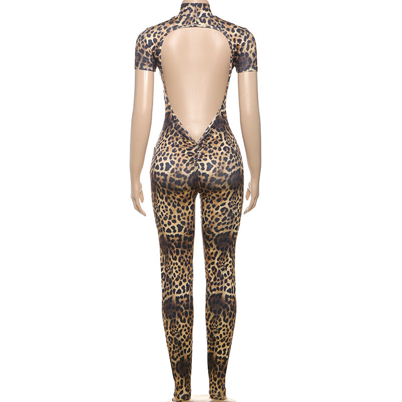 Spring Sexy Backless Skinny Personalized Printed Short Sleeved Jumpsuit Women Clothing