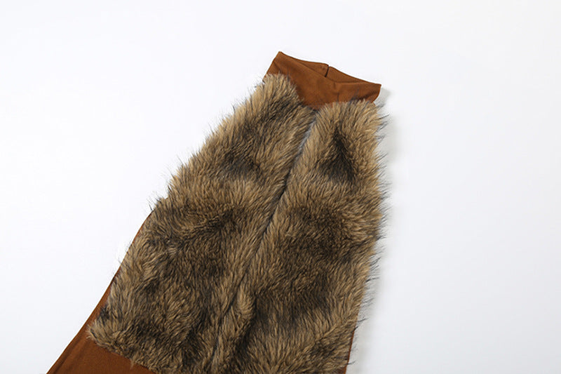 Women Clothing Autumn Winter Sexy Fur Stitching Halter Cut out Backless Jumpsuit