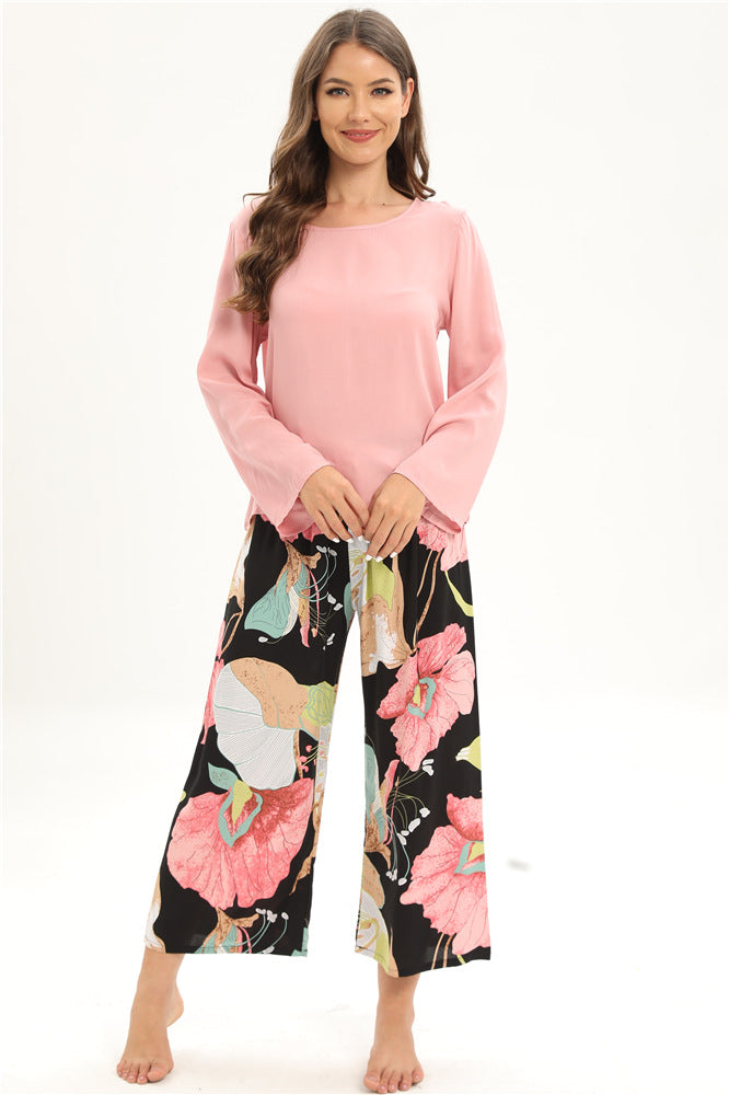 Rayon Home Wear Suit Casual Pajamas Women Long Sleeved Trousers
