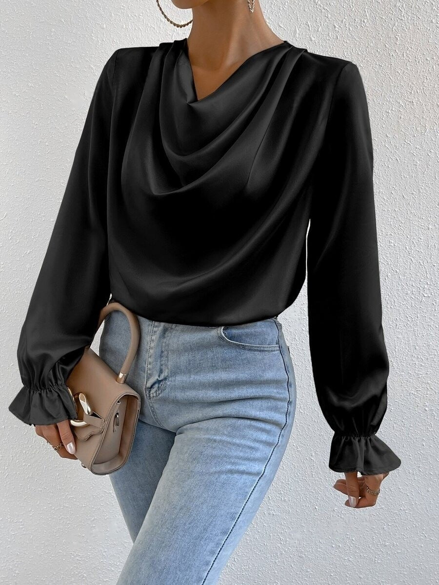 Women Clothing Ruffled Sleeve Satin Shirt Autumn Arrival Long Sleeve Satin Shirt