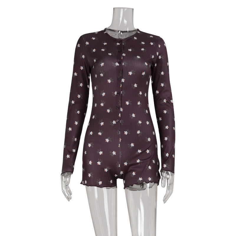 Fall Women Thread Anti Stripe Floral round Neck Long Sleeve Jumpsuit Shorts Women