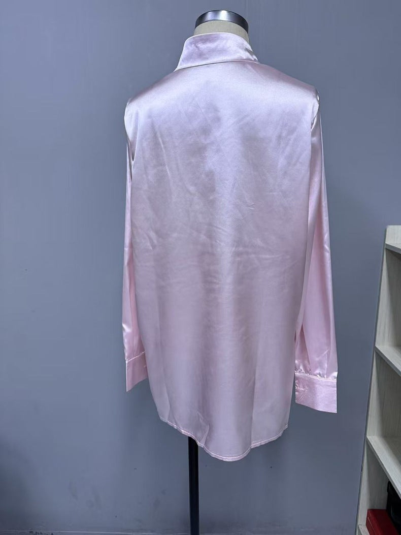 Elegant Satin Long Sleeved Shirt Spring Summer Solid Color Loose Faux Silk Shirt Long Sleeved Satin Top