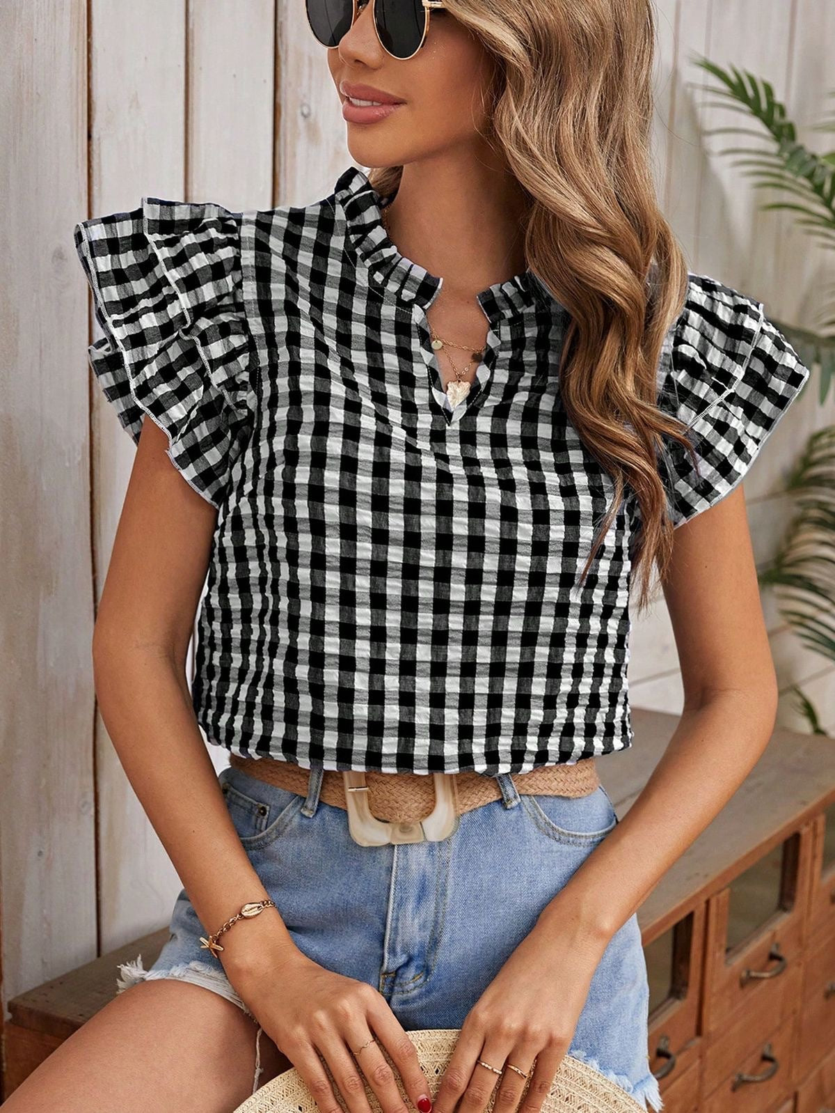Summer Top Double Layer Ruffled Sweet Cute Women Clothing Plaid Short Sleeve