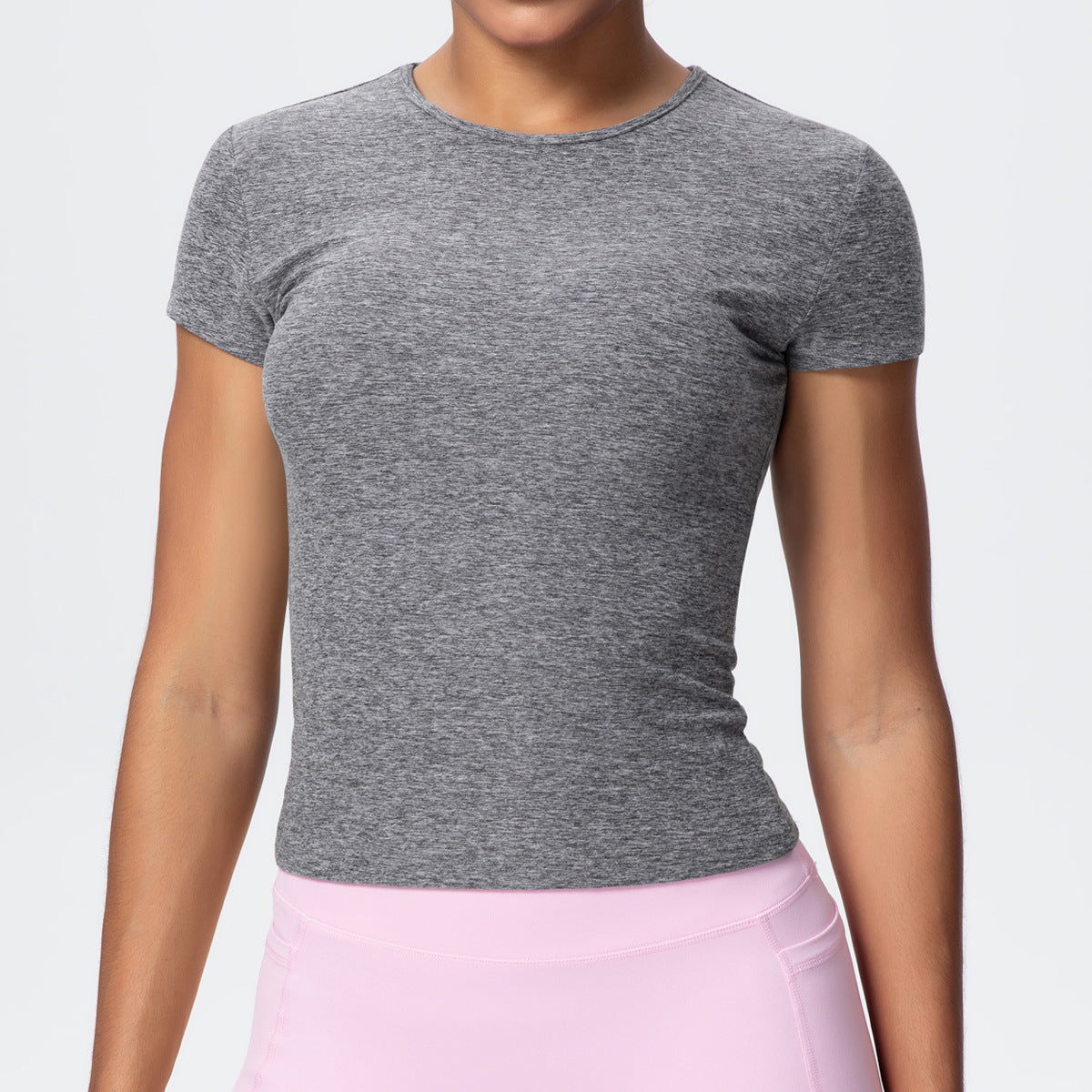 Casual Solid Color Sports Short Sleeve Waist Controlled Slim Fit Breathable Yoga T shirt Running Training Nude Feel Workout Top