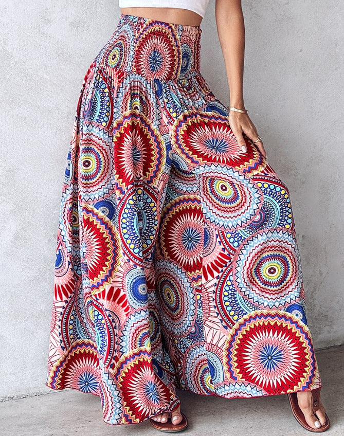 Women Clothing Printed Waist-Controlled Casual Trousers Wide Leg Pants