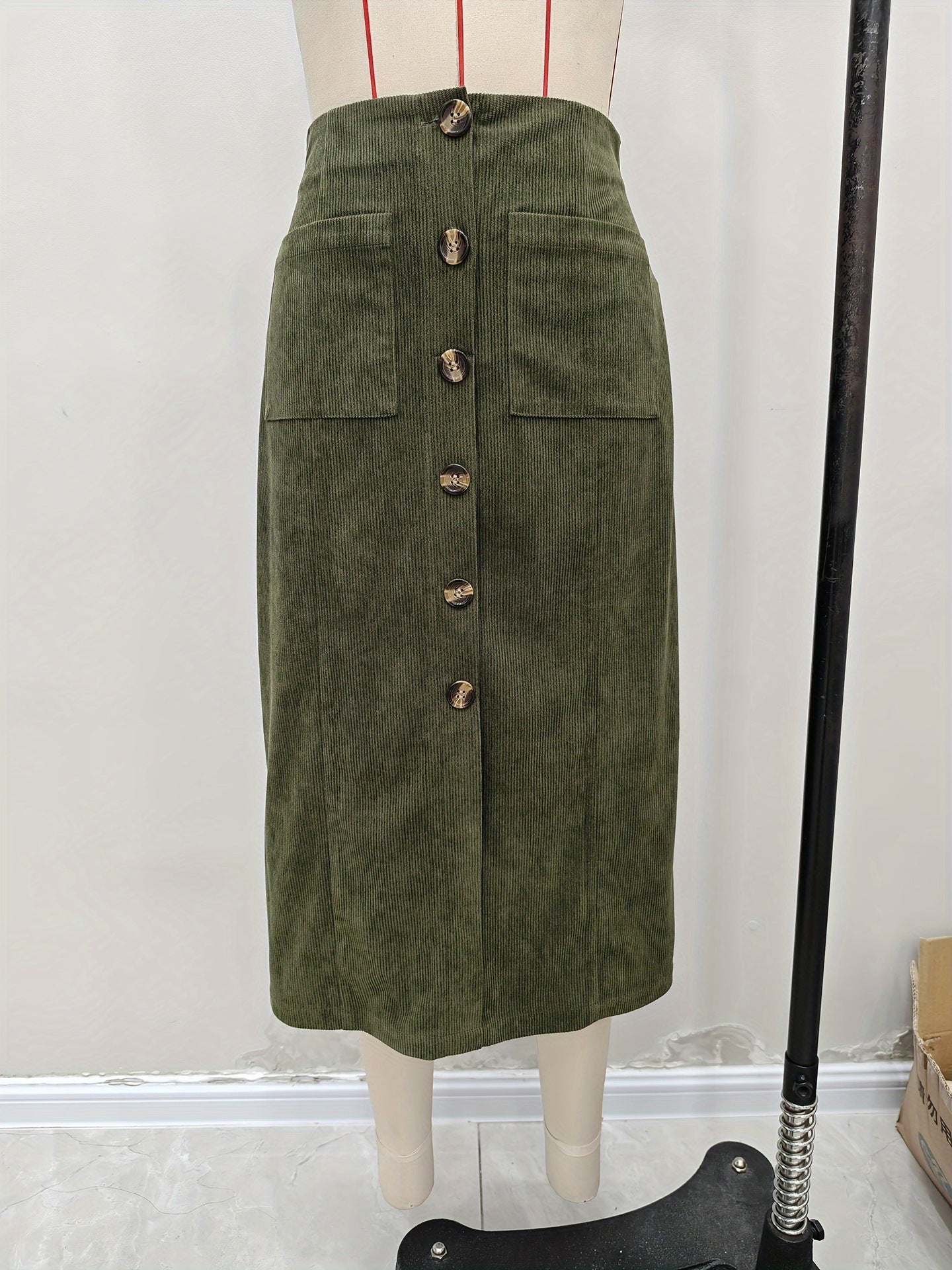 Women Autumn Skirt Casual Office Elastic Waist Breasted Patch Pocket Mock Fly Straight Mid Length Skirt