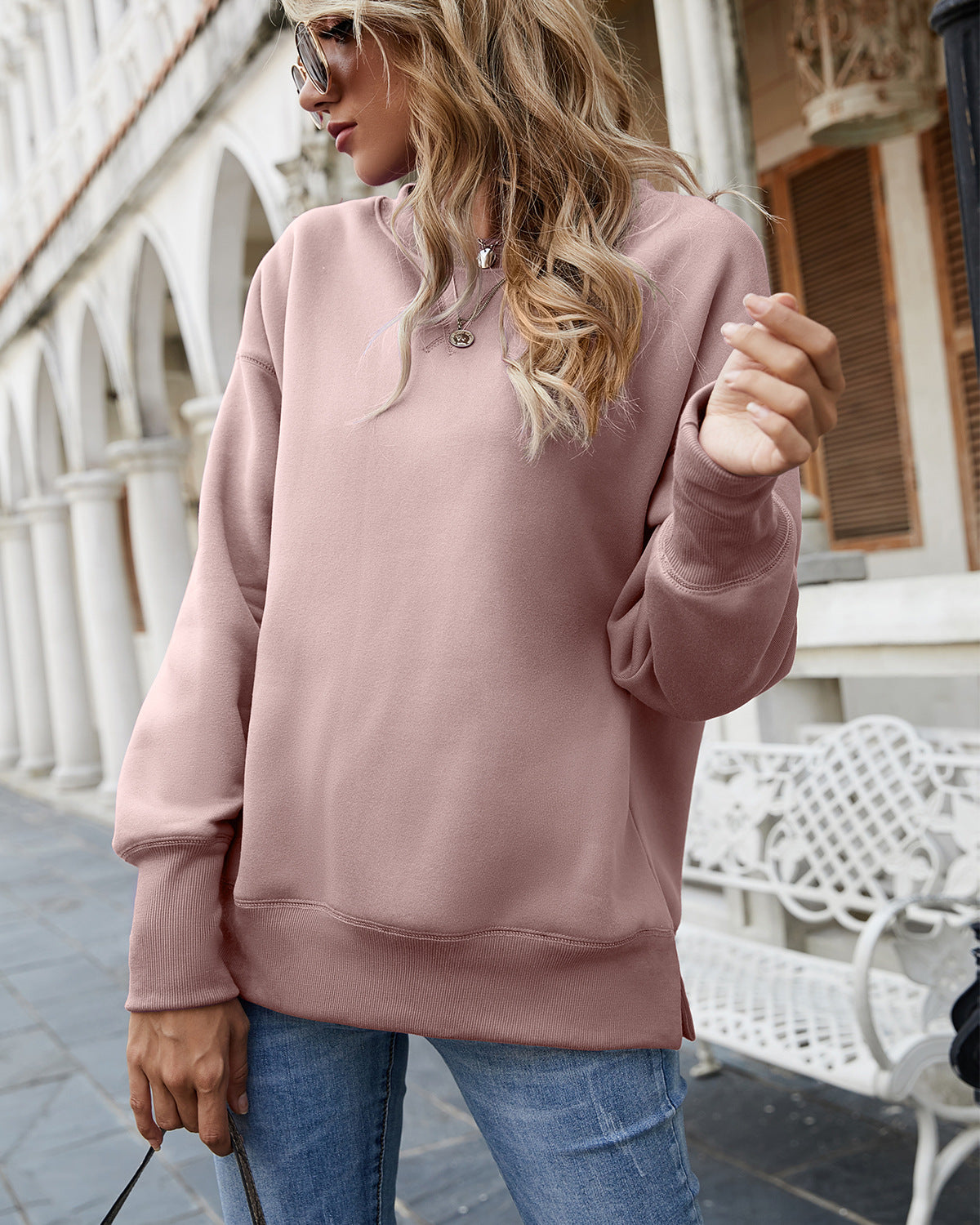 RWinter Women Clothing Slit Hemline Hem Fleece Round Neck Pullover Thickened Sweatshirt Women