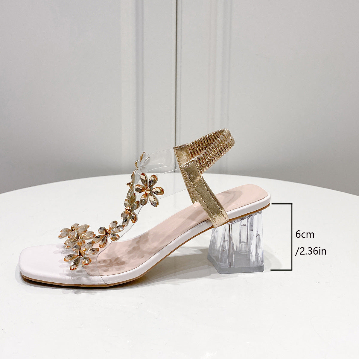 Square Toe Crystal Heel Floral Sandals Women Sexy Elastic Band High Heel Shoes
