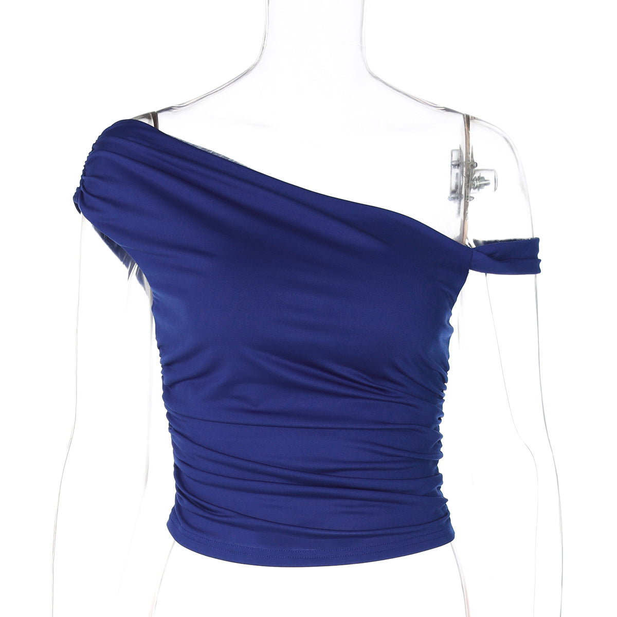 Women Clothing Summer Sexy One Shoulder Cold Shoulder Twist Design Pleated Slim T shirt