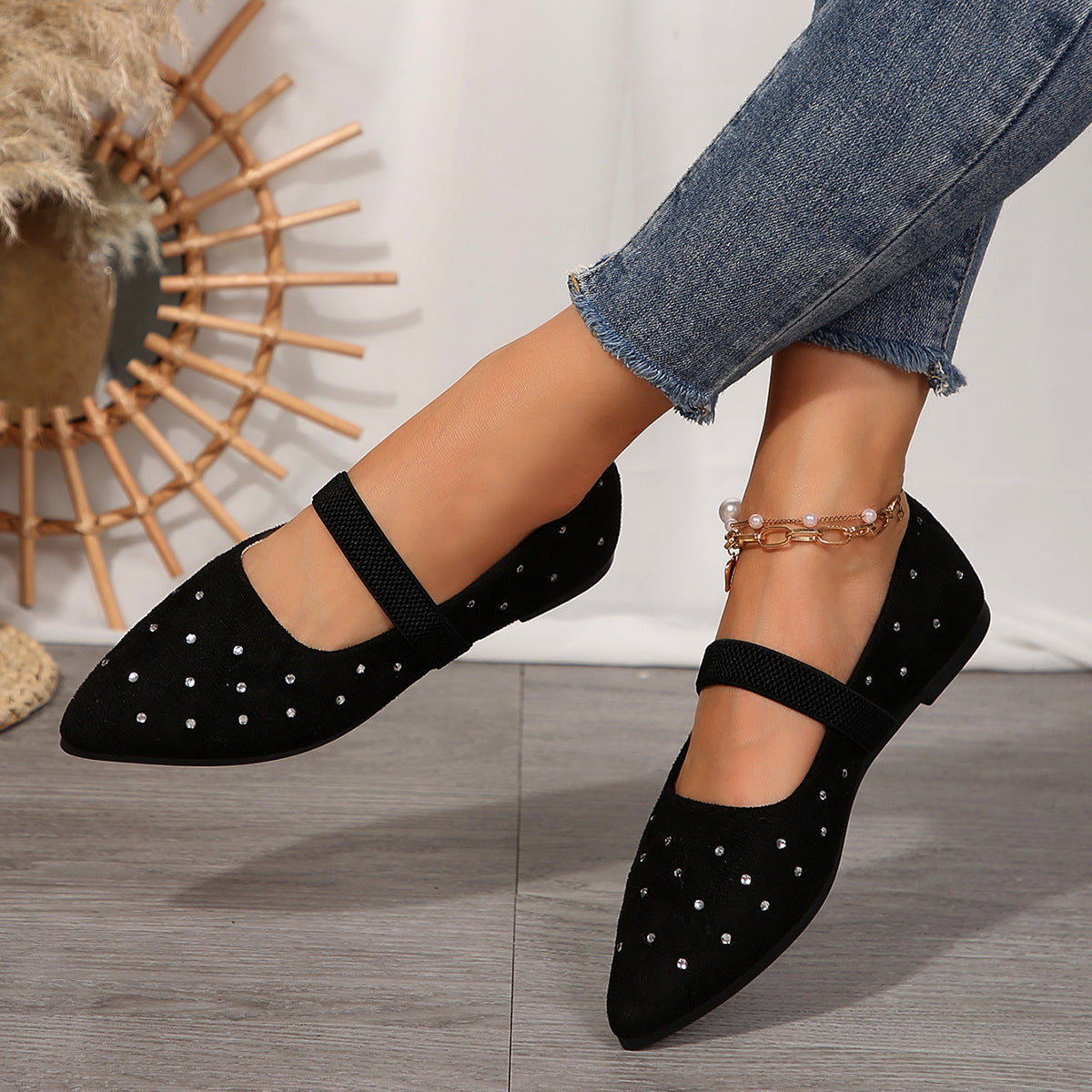 Pointed Toe Rhinestone Low Cut Flat Pumps Women Suede Four Seasons Work Shoes Supply