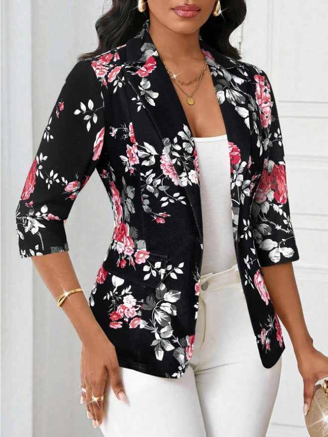 Refined Stylish Printed Small Blazers Turn down Collar Coat
