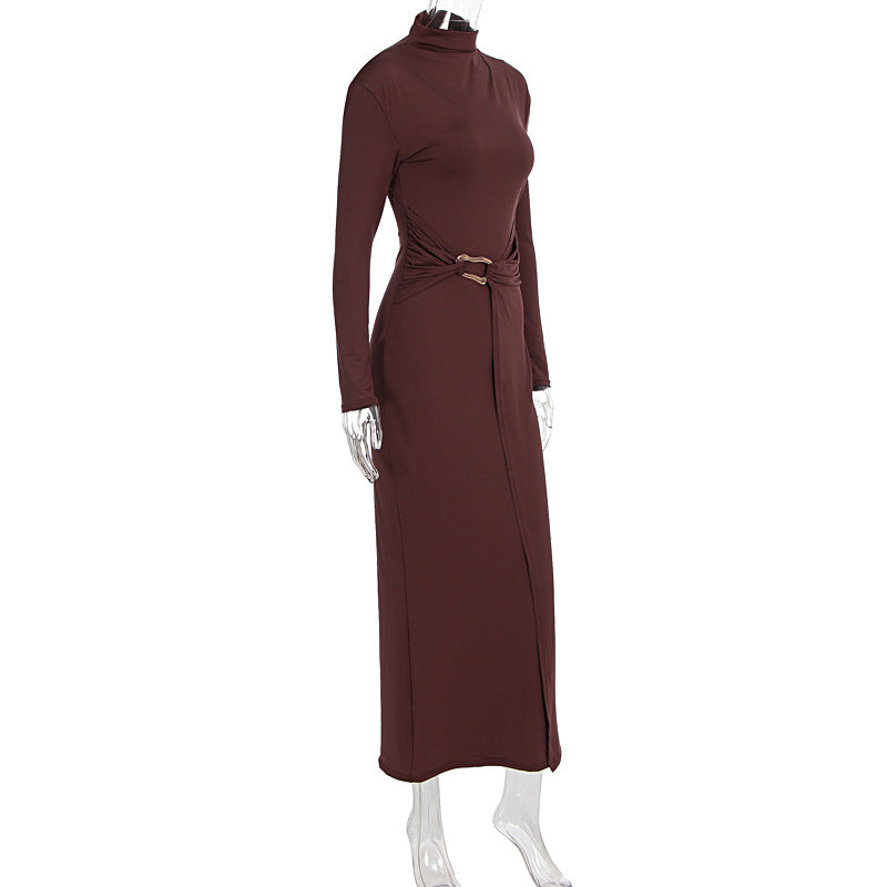 Fall Half High Collar Long Sleeves Tight Waist Slim Dress Women