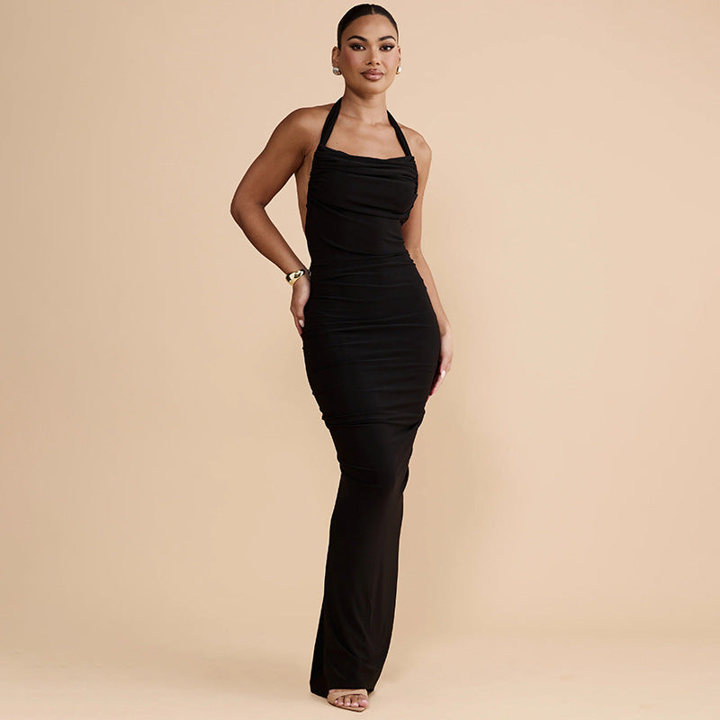 Slim Fit Maxi Dress Summer Solid Color Halter Pleated Sexy Backless Dress