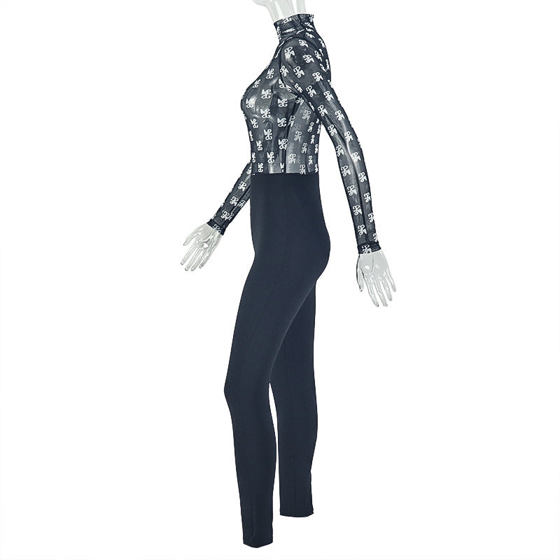 Women Clothing Stitching Micro Transparent Sexy Print Jumpsuit Skinny Sheath Slim Fit Long Sleeve Round Neck Jumpsuit
