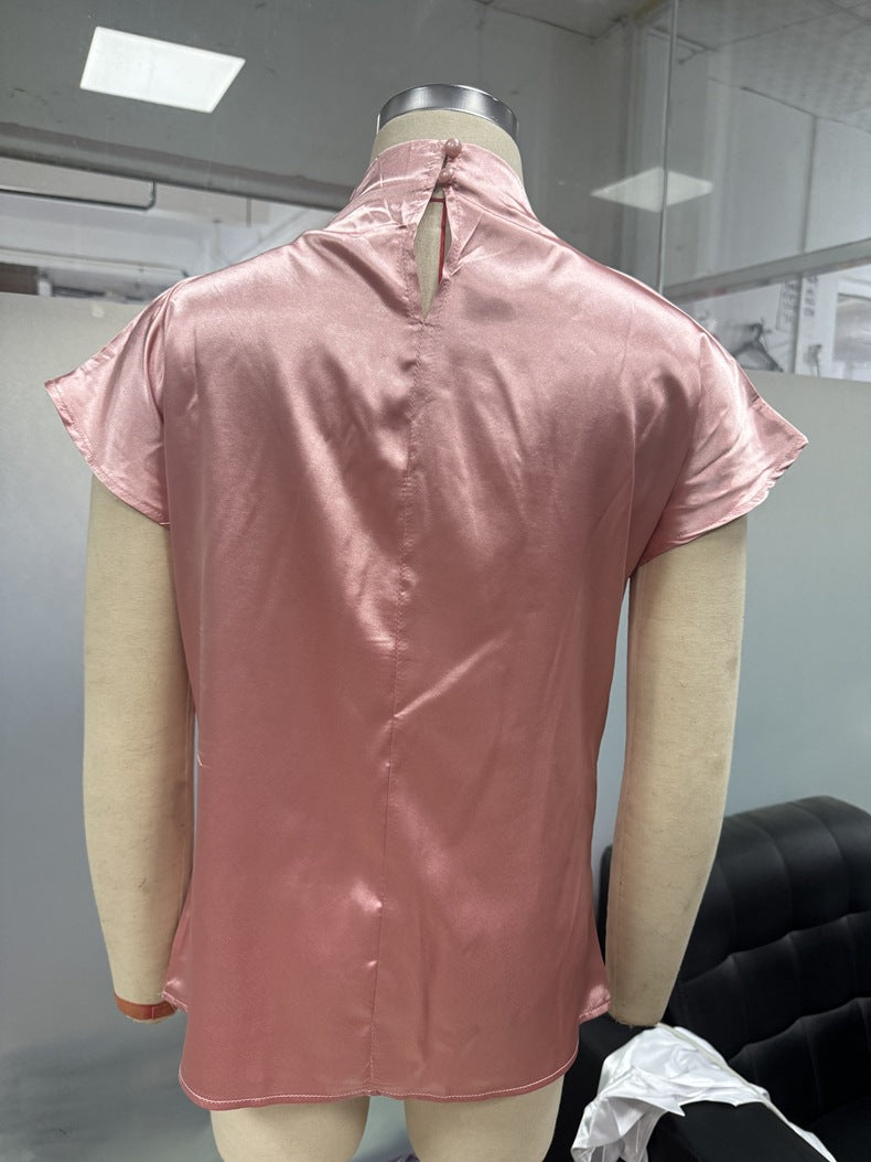 Round Neck Short Sleeve Left Shoulder Pleated T shirt Satin Women Top