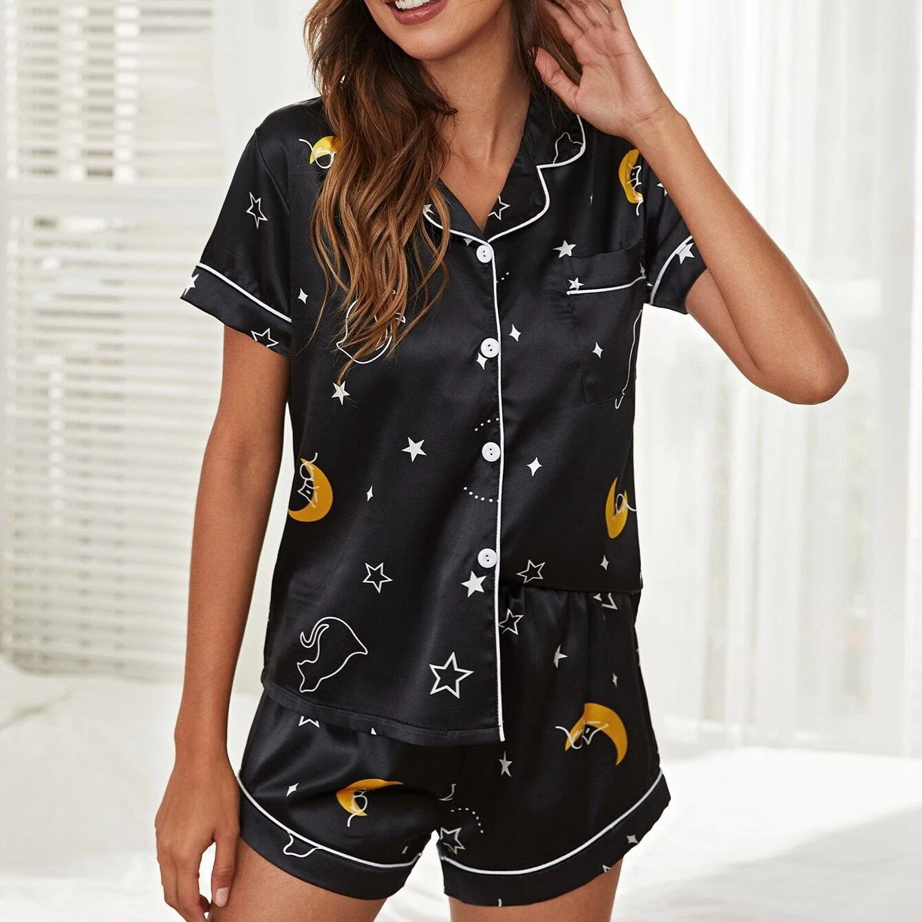 Suit Pajamas Women Homewear Suit Short Sleeve Shorts Elastic Satin