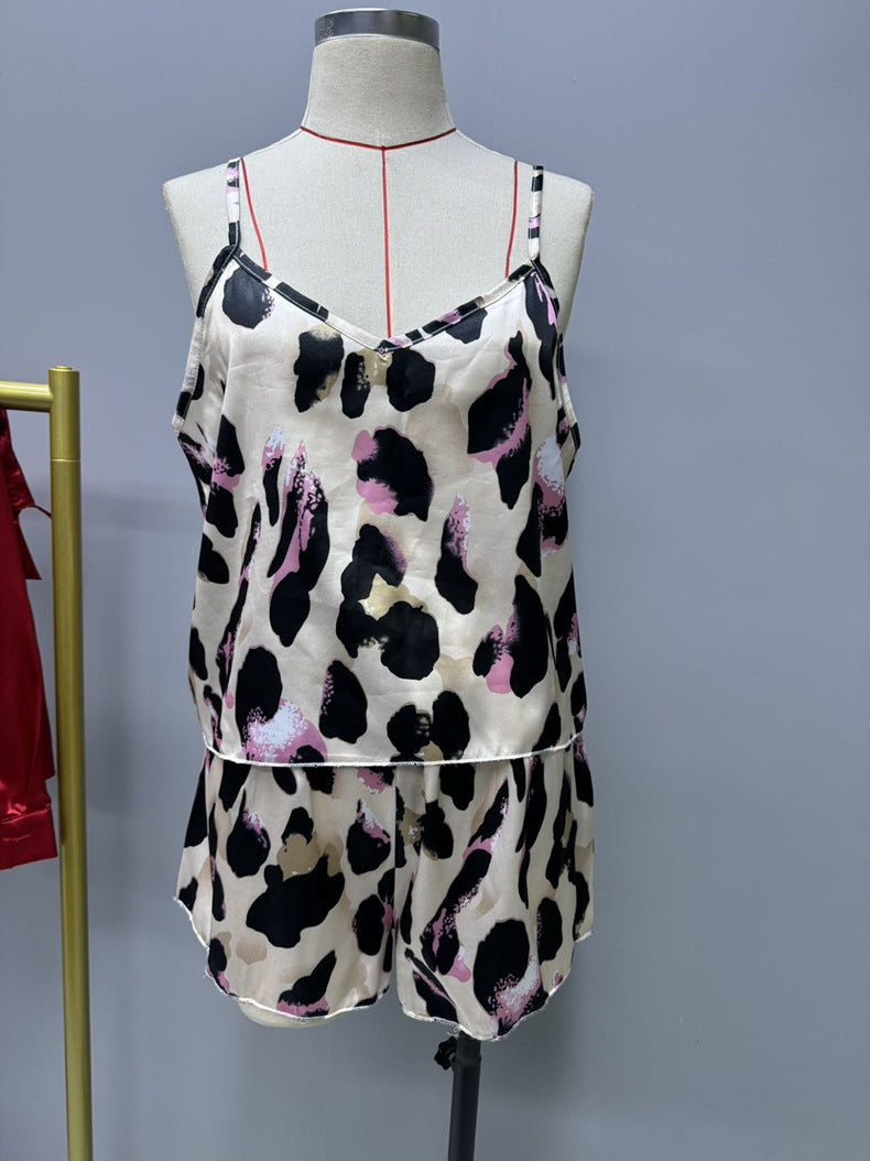 Casual Two Piece Sets Leopard Print Sling Pajamas Women Summer Satin Artificial Silk Popular Home Wear
