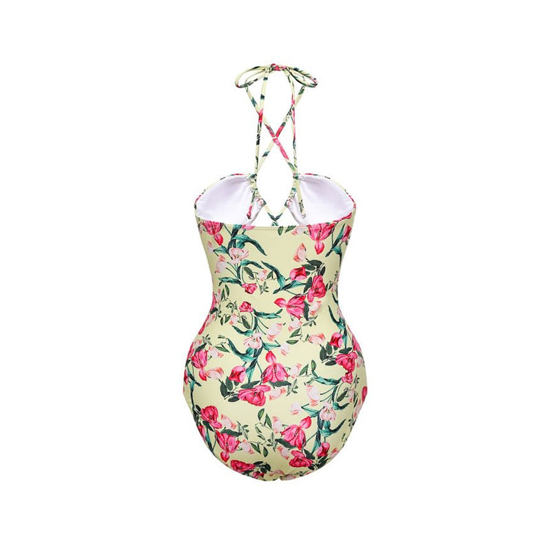 Vintage Floral Strap Hollow Out Cutout out Swimsuit Women Dress