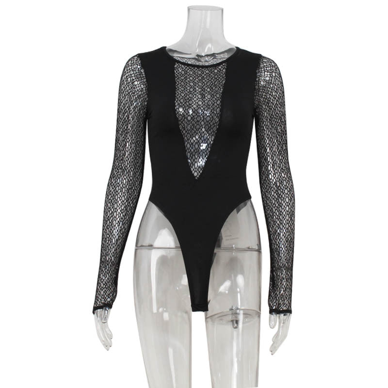 Cross Super Sexy Hollow Out Cutout Mesh Slim Fit Patchwork Long Sleeve Finger Stall Sexy Women High Waist Jumpsuit
