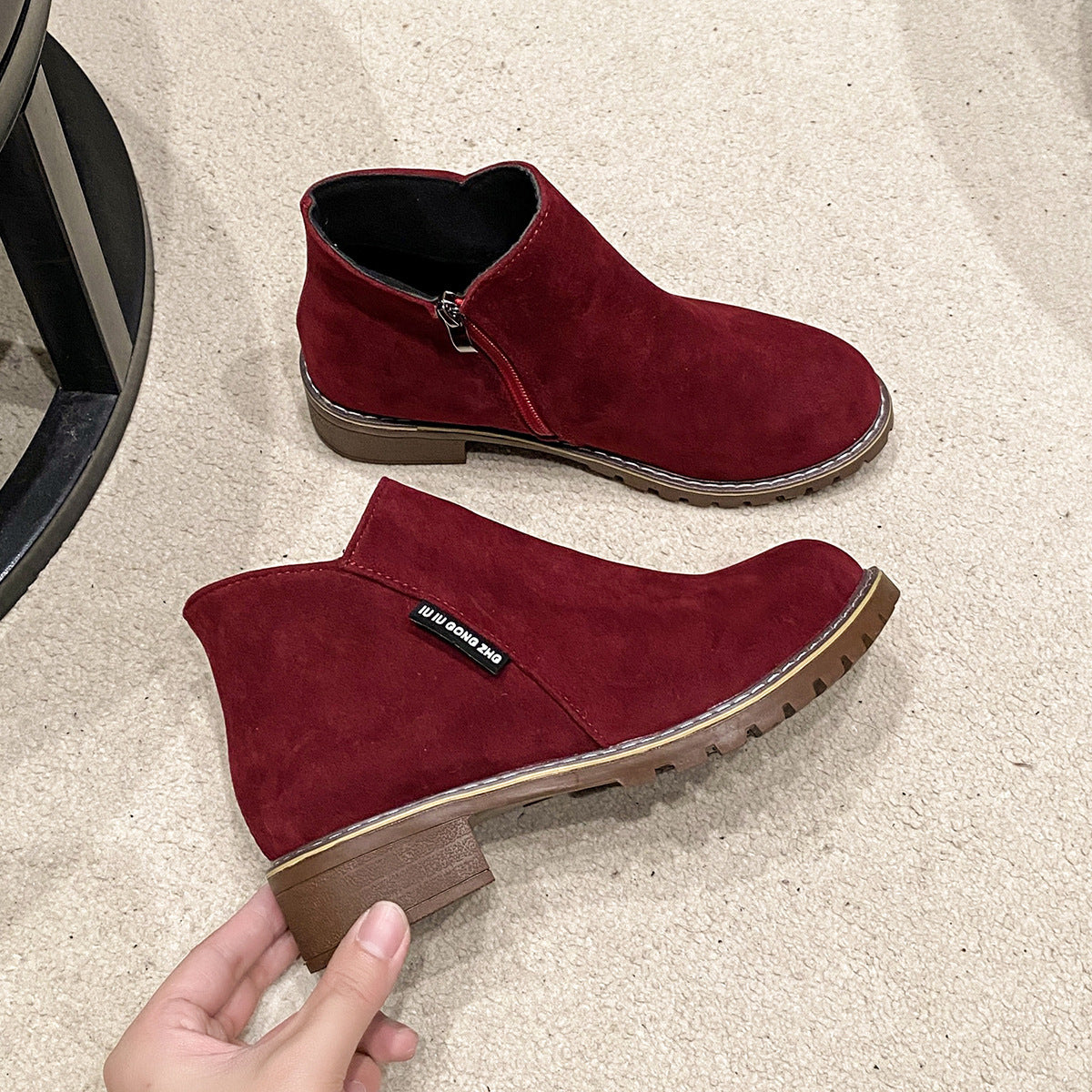 Short Mid Heel Retro Frosted Short Boots Women Thick Heel Flat Side Zipper Martin Boots