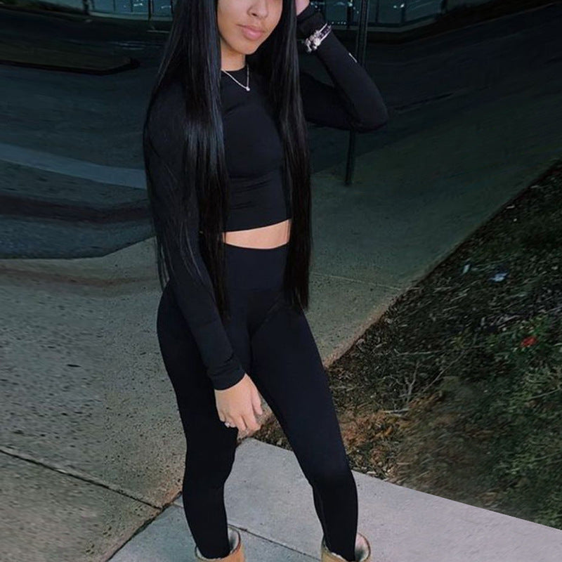 Women Clothing Autumn Simplicity round Neck Long Sleeve Top Low Waist Hip Wrapped Tight Trousers Two Piece Sets