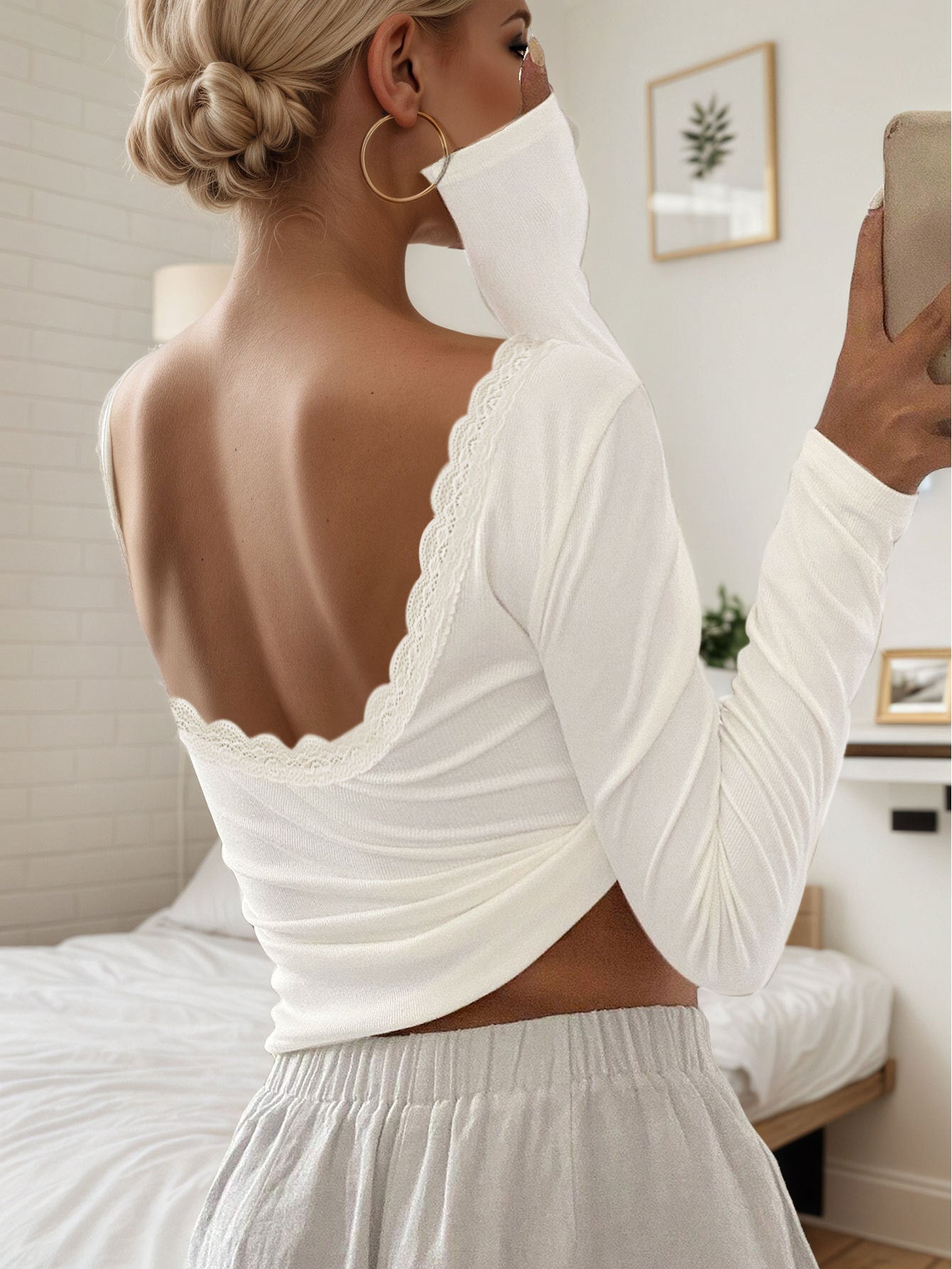 Stitching Lace Sunken Stripe Sexy Sweet Spicy Backless Slim Long Sleeve Top
