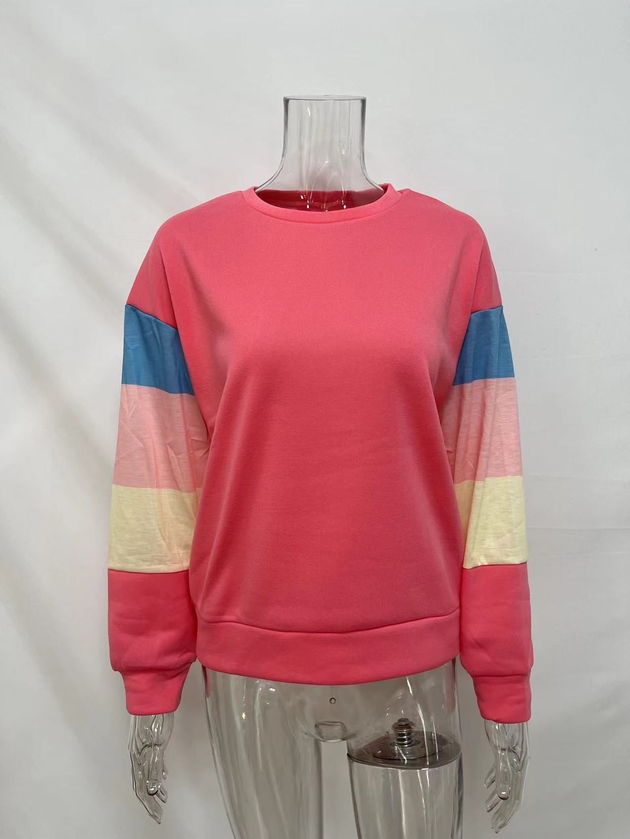 Pullover Sweatshirt Women Spring Autumn Round Neck Long Sleeve Contrast Color Long Sleeve T Shirt Women