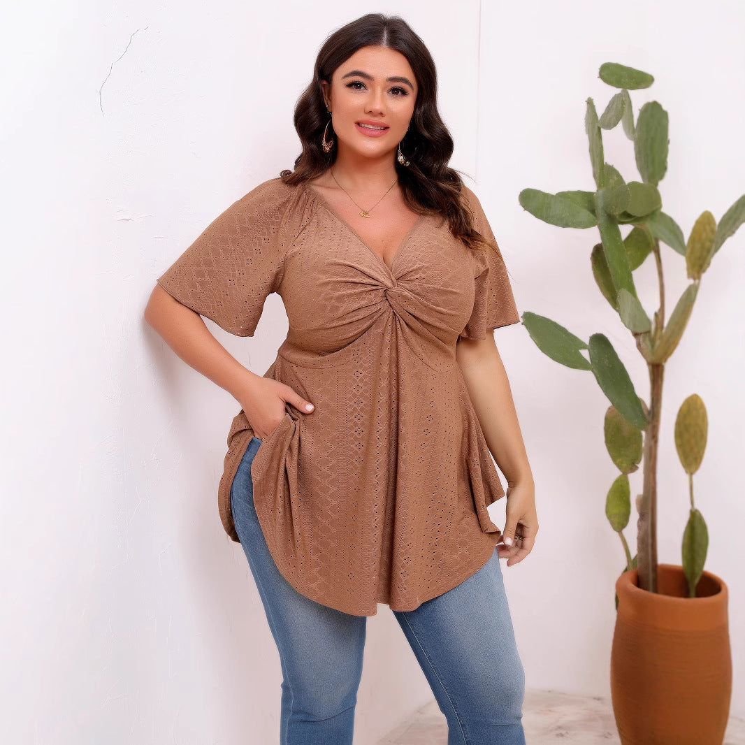 Plus Size Solid Color Hollow Out Cutout-out Front Chest Twisted Waist V-neck Short Sleeve Large Swing Top