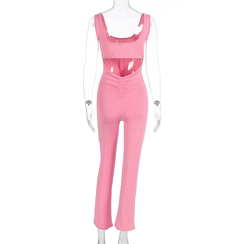 Women Clothing Summer Solid Color Sling Backless Hip Raise Skinny Sports Jumpsuit