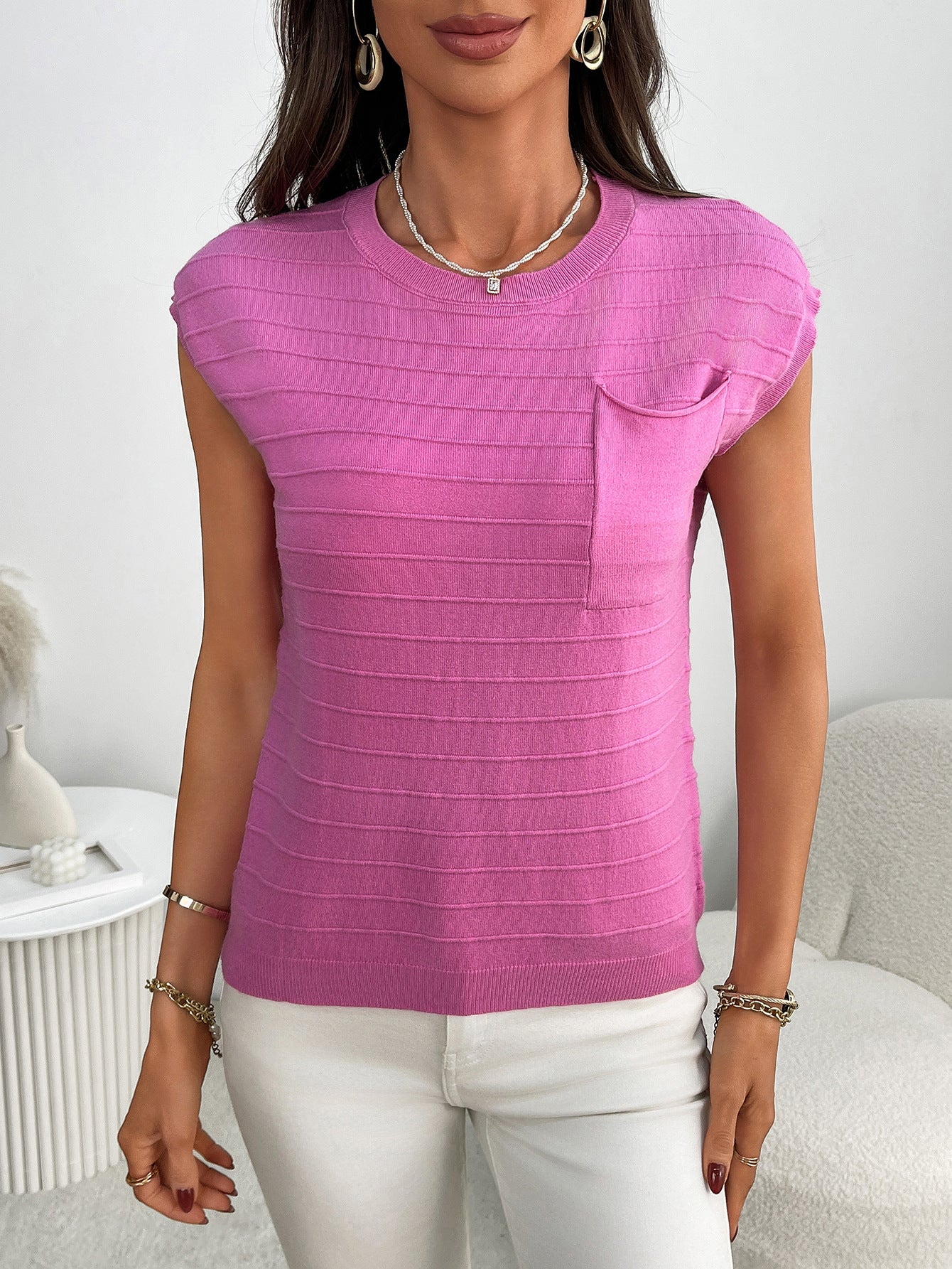 Summer Women Clothing Pullover Short Sleeve round Neck Striped Knitted Pocket Sweater