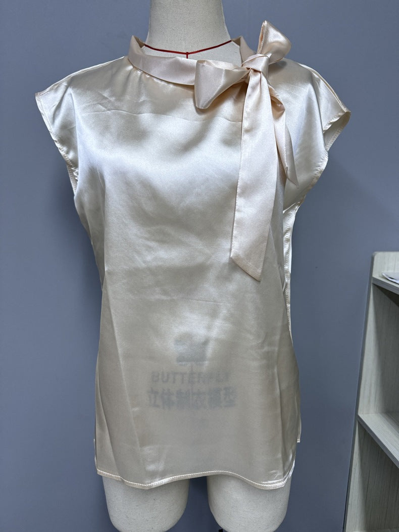 Half Open Collar Bow Satin Top Special Interest Design Satin Women Clothing T shirt