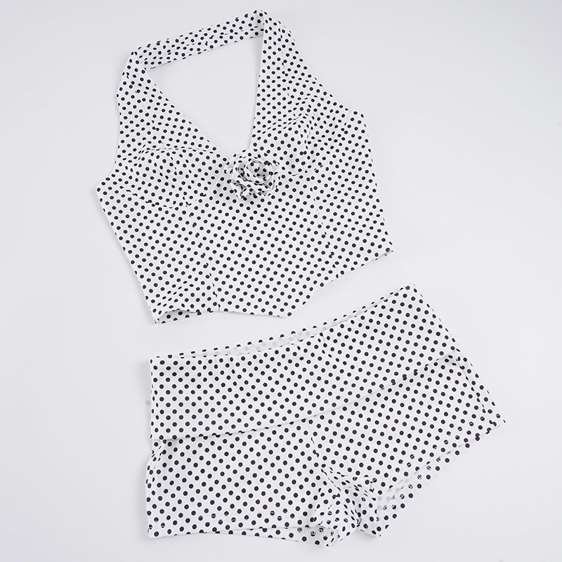 Printed Polka Dot Three Dimensional Floral Two Piece Sets Sexy Sexy Halter Vest Waist Shorts