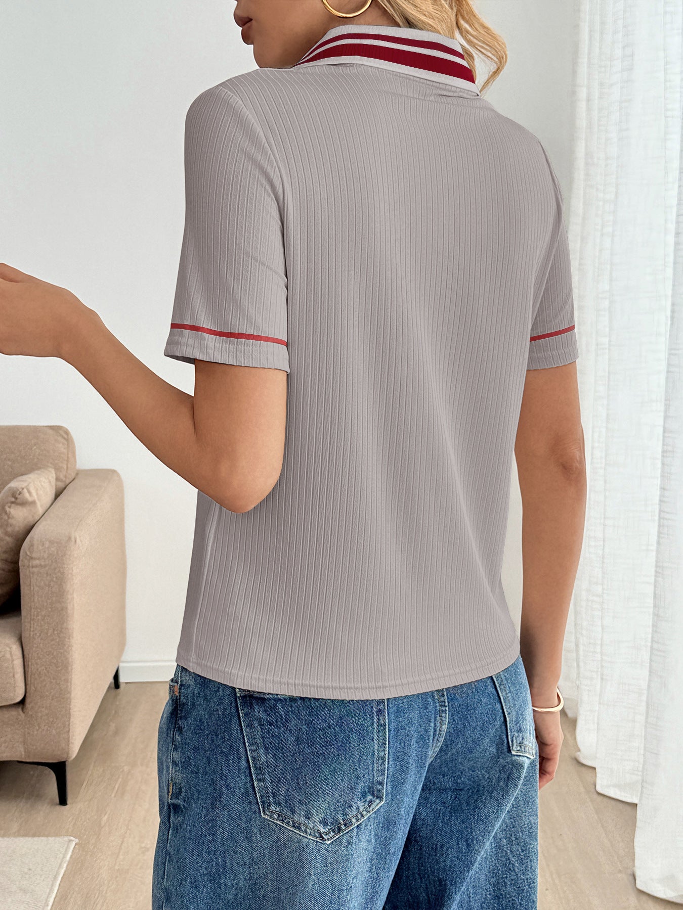 Simple Polo Shirt Retro Sports Striped Short Sleeved T shirt Women