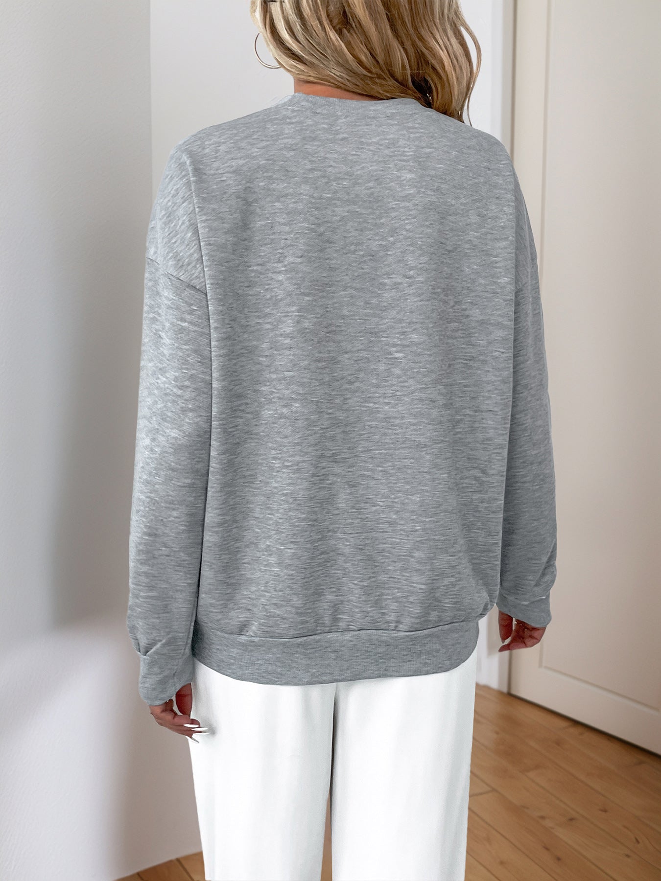 Spring Autumn Casual Retro Top Gray Long Sleeves Sequin Stitching Sweater