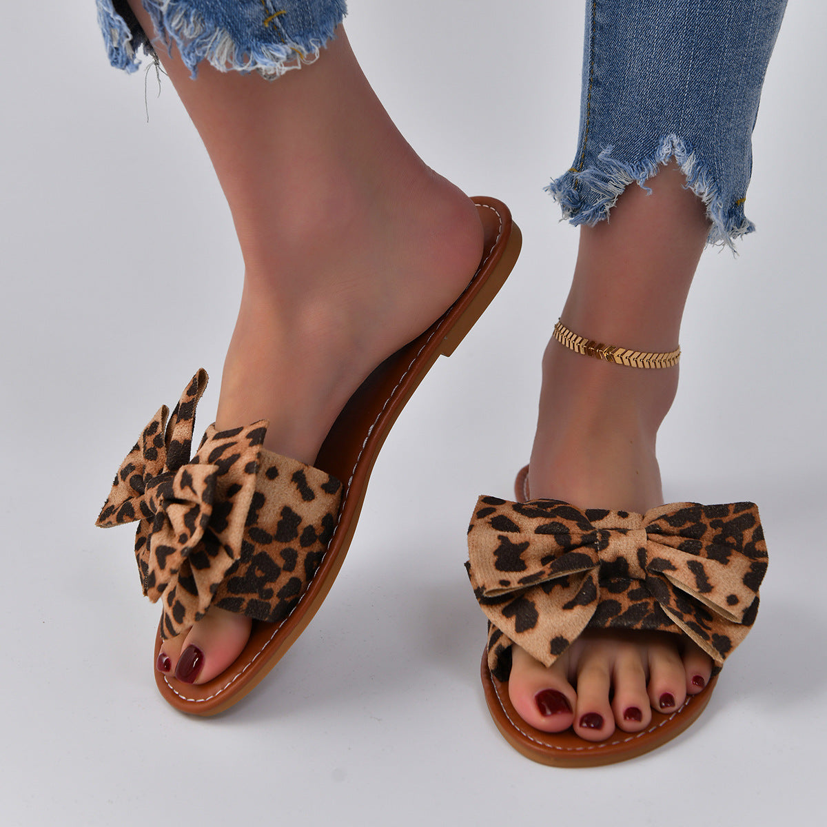 Leopard Bow Slippers Women Lightweight Flat Vacation Beach Sandals