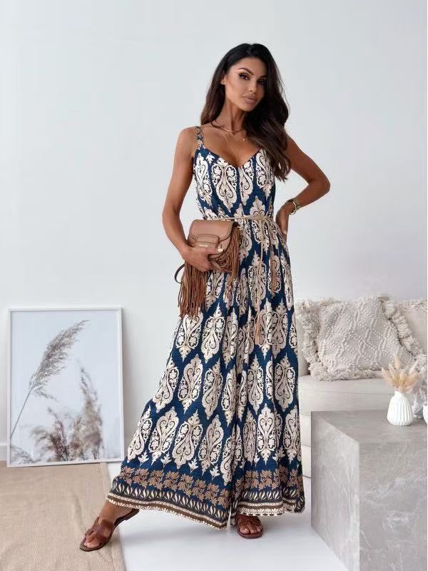 Women Clothing Summer Positioning Floral V neck Brace One Piece Wide Leg Pants with Belt