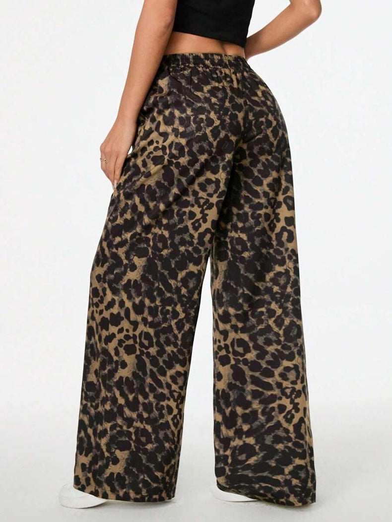 Women Winter Leopard Print Casual Pants Loose Elastic Waist Printed Wide Leg Trousers