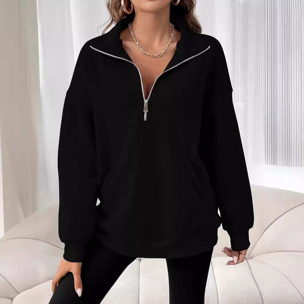 Autumn Winter Zipper Collared Solid Color Casual T Women Top Sweatshirt