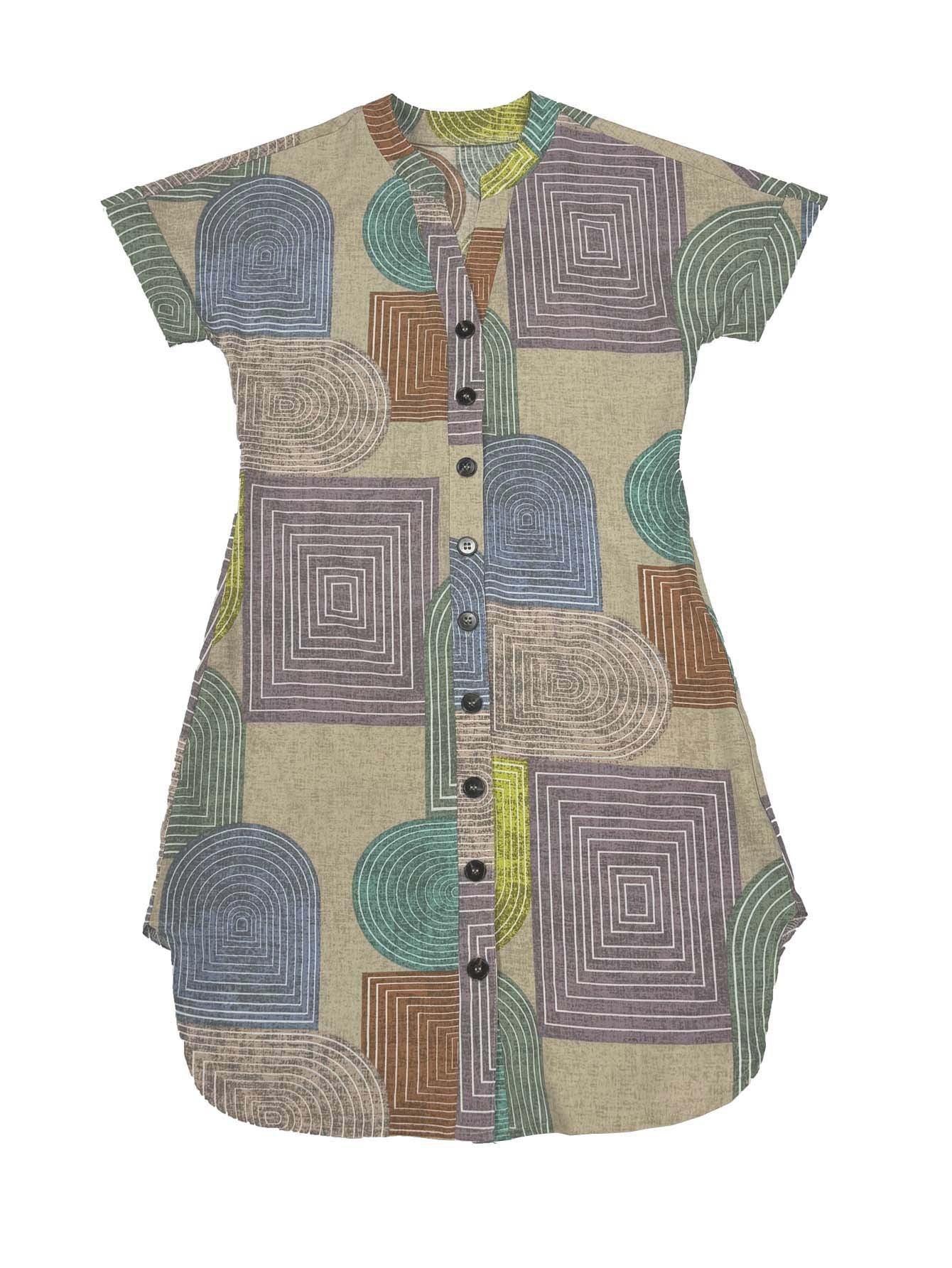 Women Clothing Summer Geometric Abstract Print Elegant V neck Button Sleeve Dress Women