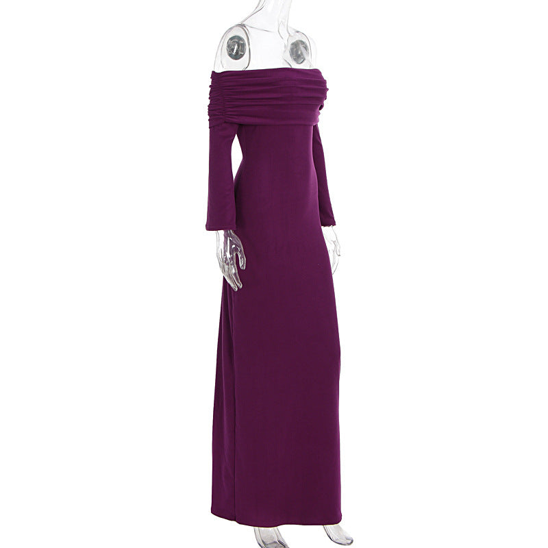 Maxi Dress Women Sexy Solid Color off Shoulder Pleated Long Sleeve Autumn Dress Women
