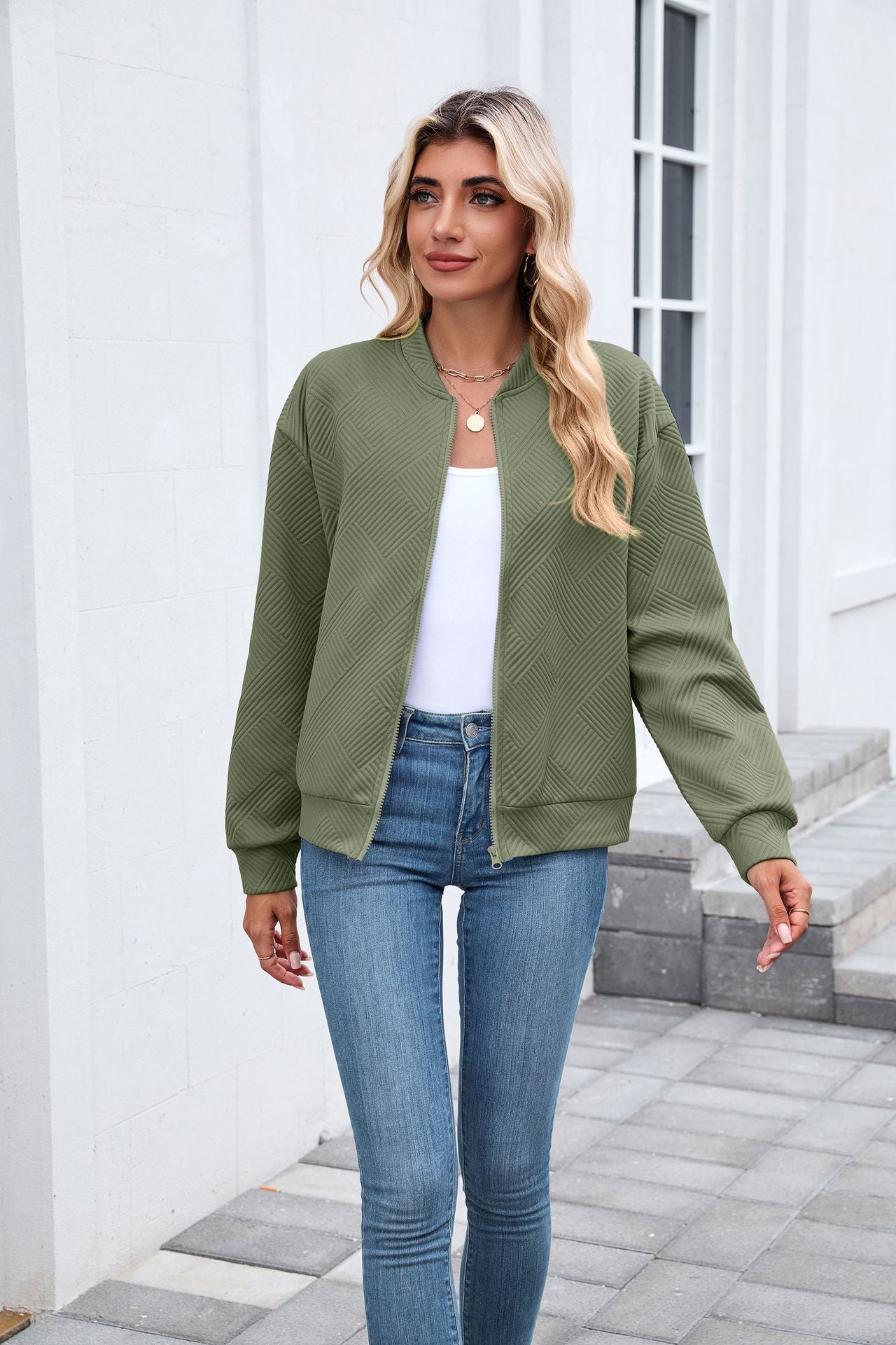 Autumn Winter Solid Color round Neck Loose Zip Long Sleeve Sweatshirt Varsity Jacket