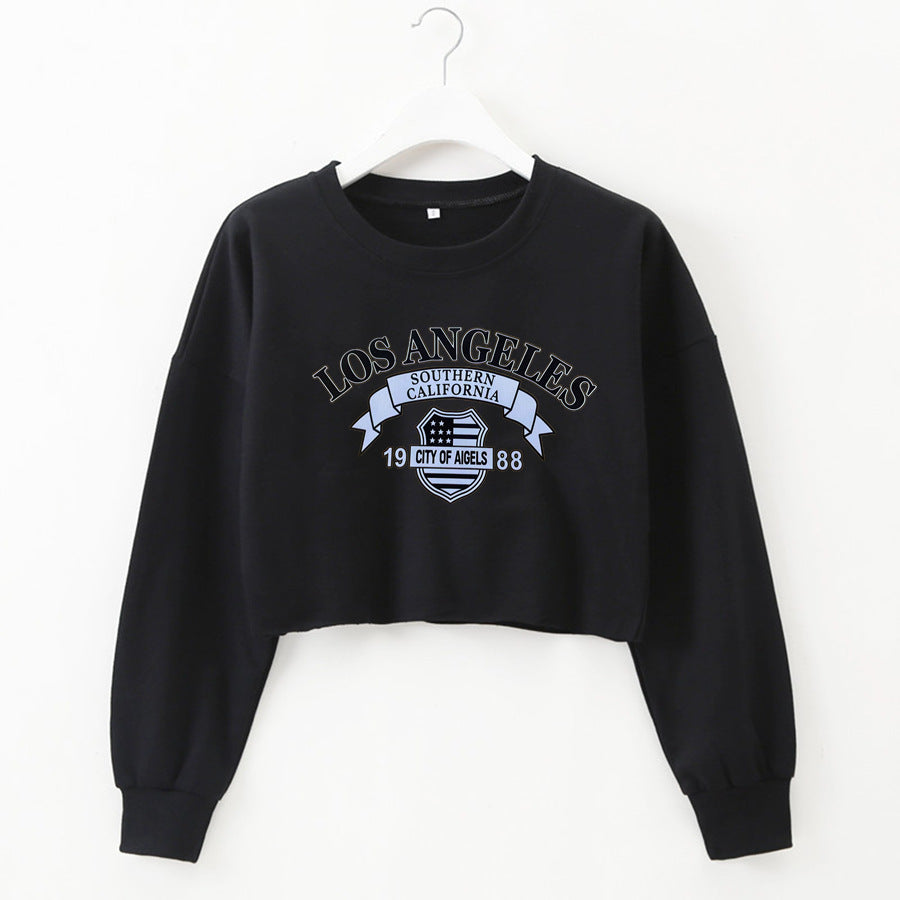 Women Clothing Autumn Winter Los Angeles Letter Graphic Printed Short Long-Sleeved Sweatshirt