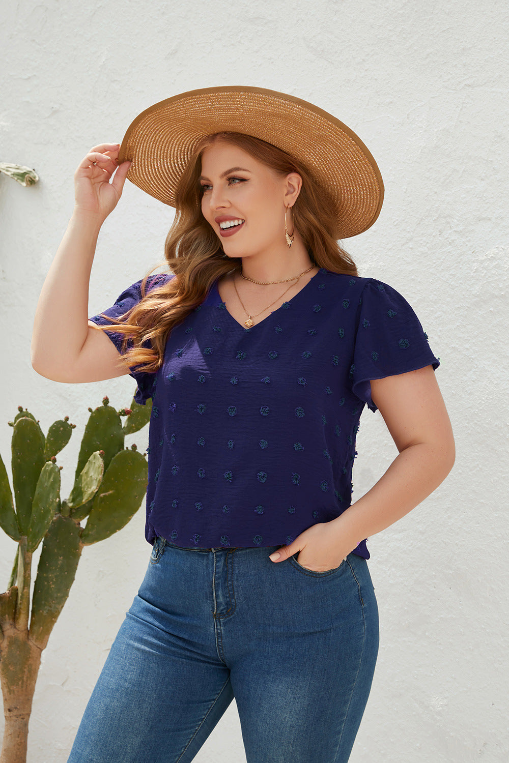 Plus Size Loose Fitting Casual T shirt Spring Summer Women Clothing V neck Fur Ball Short Sleeve Office Top